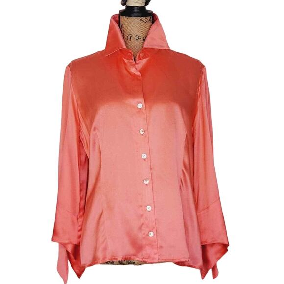 Vintage Finley USA Salmon Silk Long Sleeve Tie Sleeve Abalone Buttons Blouse LG - Picture 2 of 13